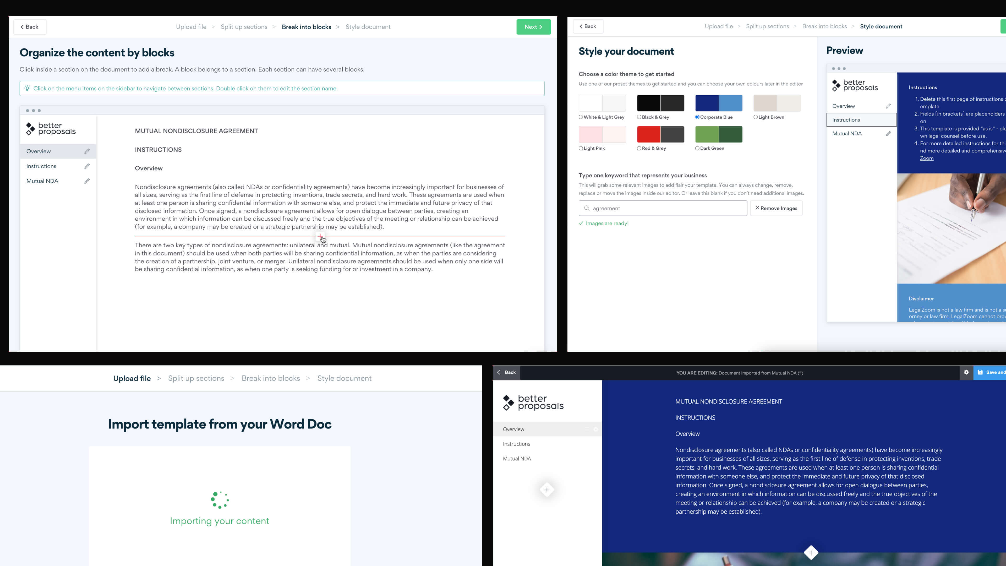 Document Importer: Word doc on left, structured template on right