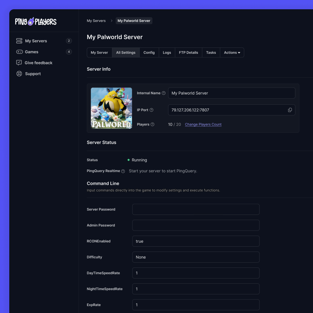 Ping Players server dashboard
