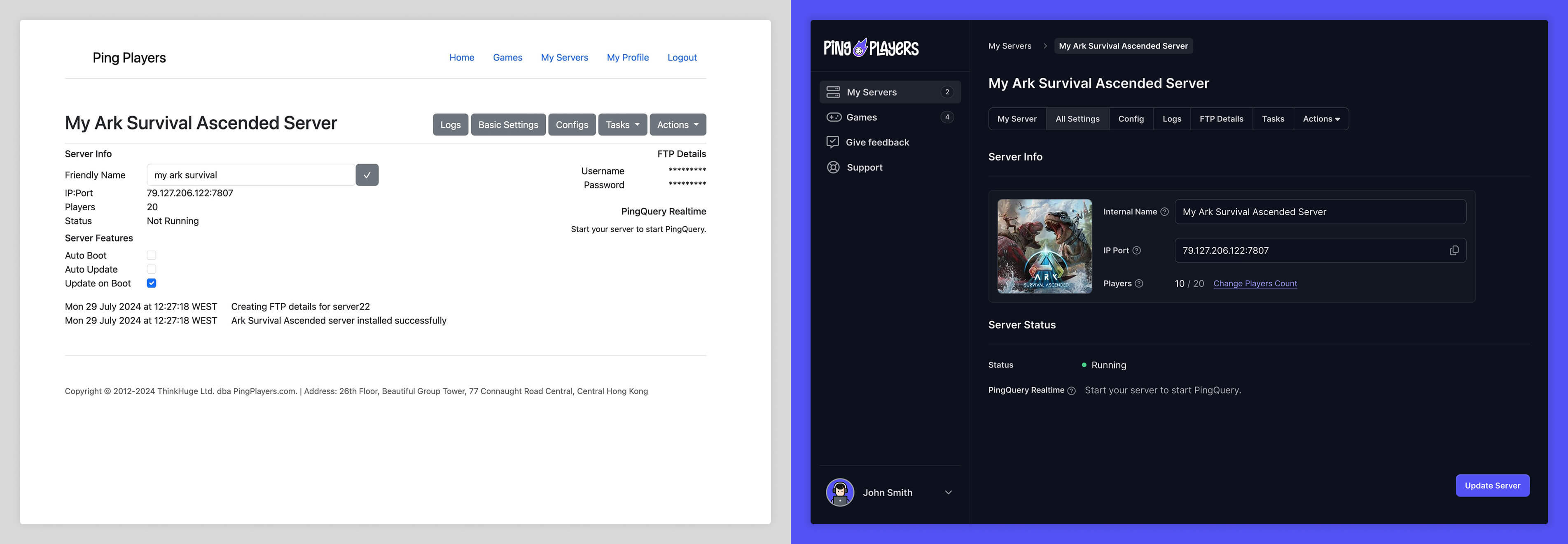 Ping Players dashboard comparison